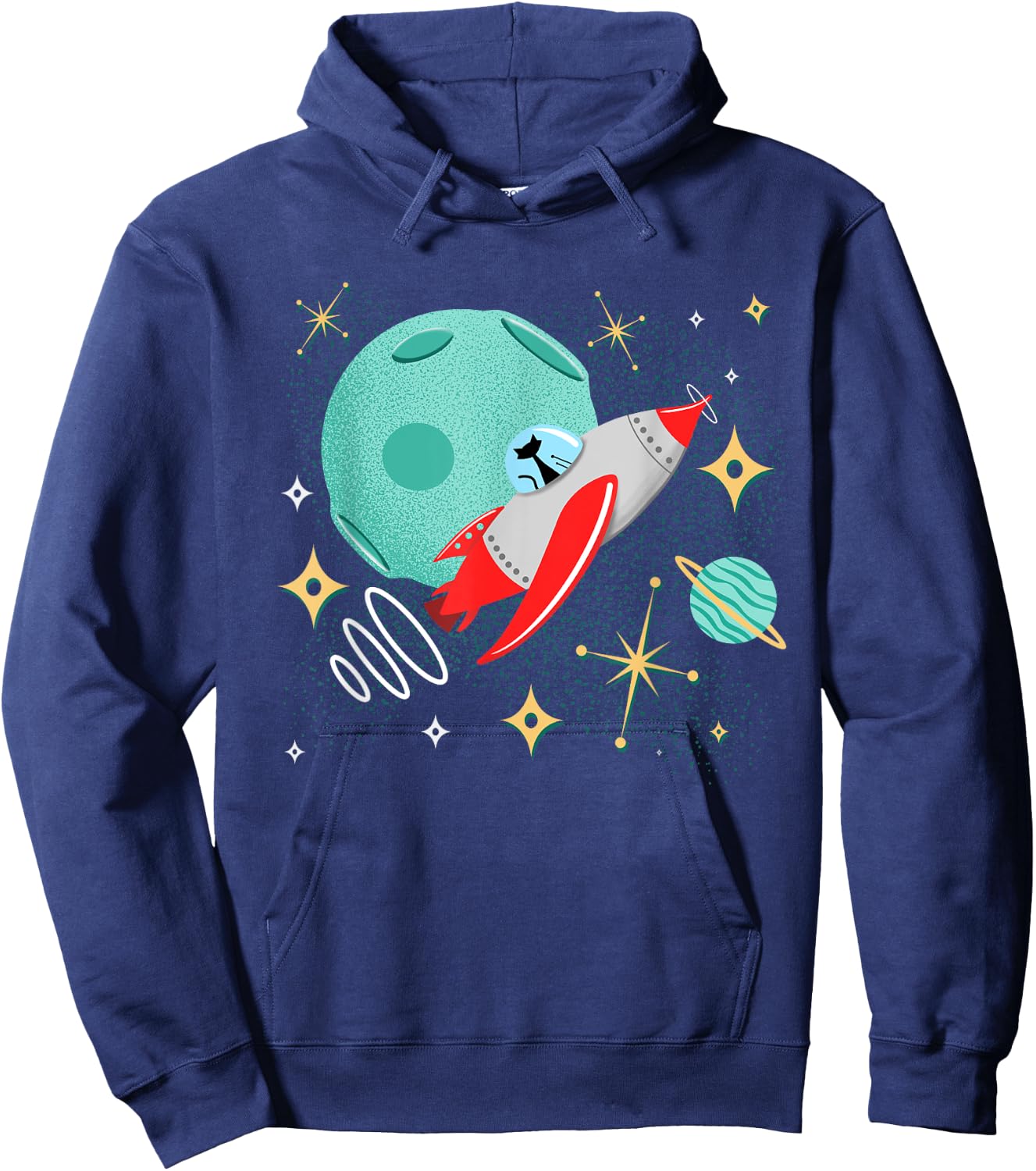 Atomic Rocket Cat Funny Mid-Century Cat Futuristic Spaceship Hoodie - Hoodie | Navy