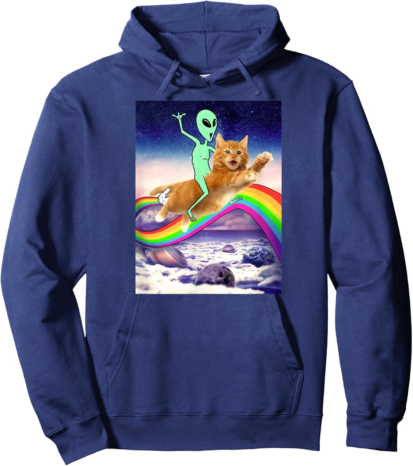 Alien Riding Cat Over Rainbow Men Women Kids Hoodie - Hoodie | Navy