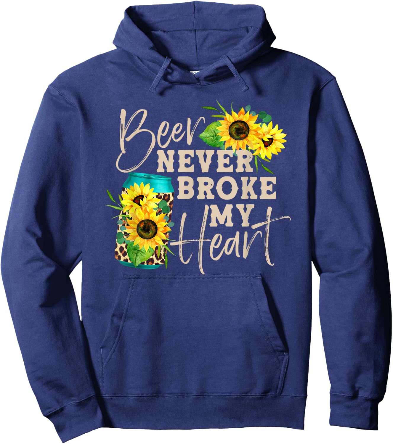 Beer Never Broke My Heart Sunflower Leopard Print Beer Lady Hoodie - Hoodie | Navy