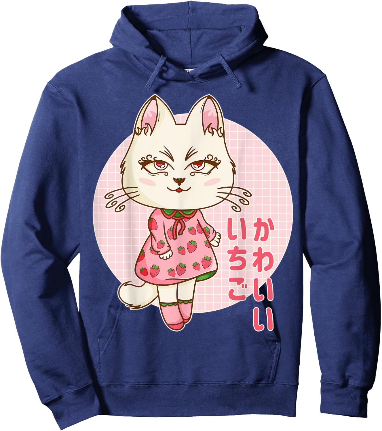 Retro 90s Japanese Kawaii Strawberry Pink Pastel Chibi Cat Men Women Kids Hoodie - Hoodie | Navy