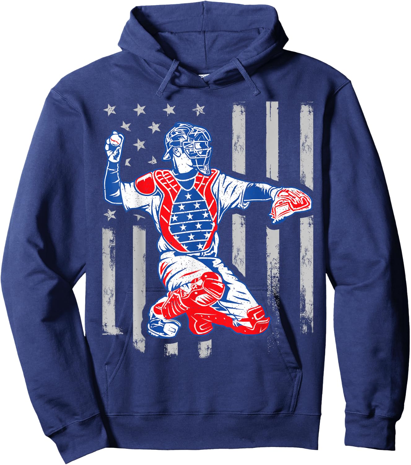 American Baseball Catcher USA Vintage Flag 4th of July Boys Hoodie - Hoodie | Navy