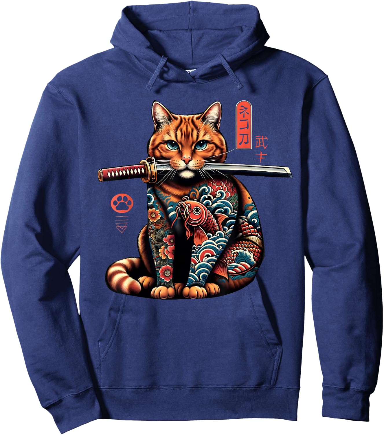 Japanese Samurai Ninja Cat Kawaii Tattoo Graphic Women Hoodie - Hoodie | Navy