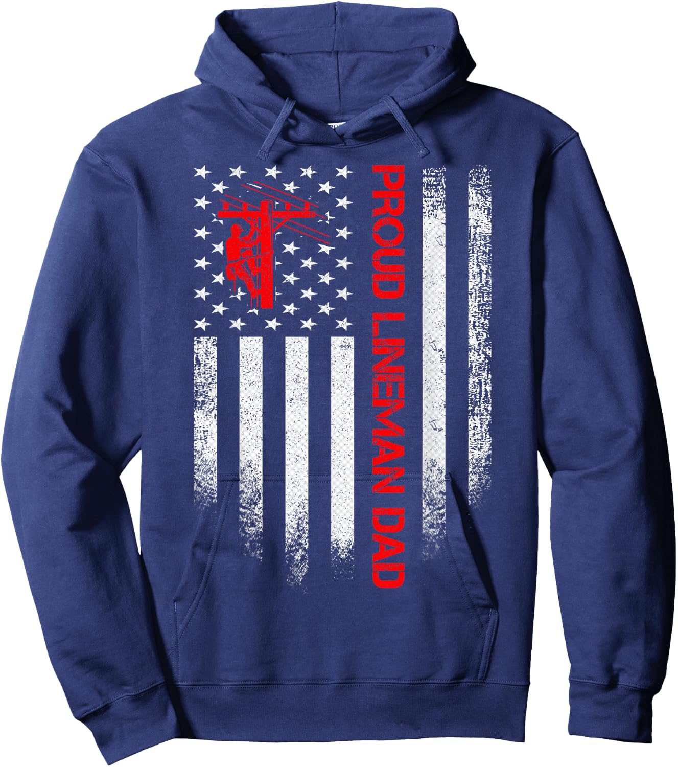 Vintage USA American Flag Proud Lineman Dad Distressed Funny Hoodie - Hoodie | Navy