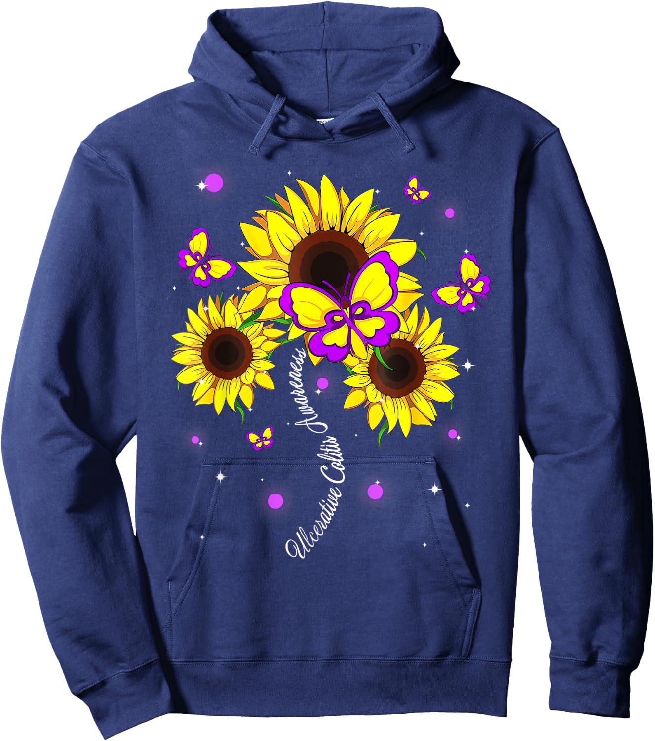 Ulcerative Colitis Awareness Sunflower Butterfly Ribbon Hoodie - Hoodie | Navy