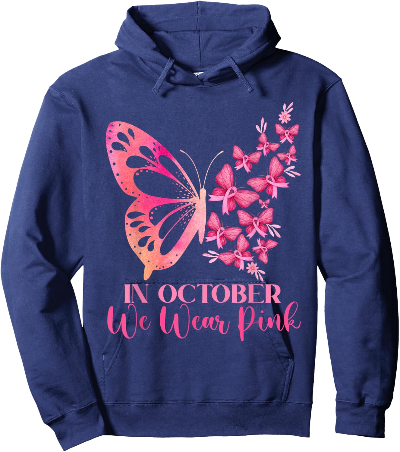 In October We Wear Pink Butterfly Breast Cancer Awareness Hoodie - Hoodie | Navy