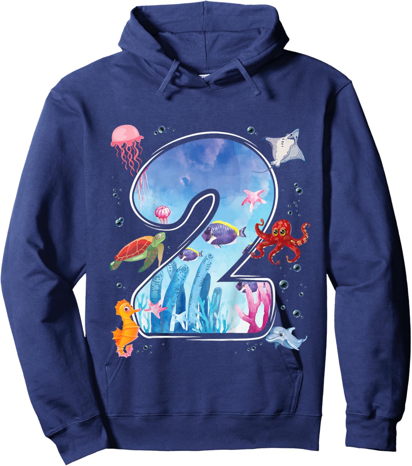 Kids 2nd Birthday Party Ocean 2 Year Old Sea Fish Aquarium Boy Hoodie - Hoodie | Navy