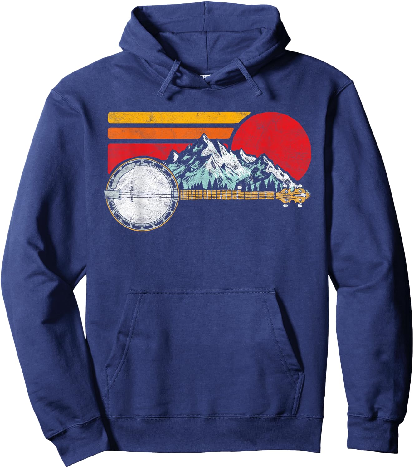 Retro Banjo Mountains & Sun Sketch Surf Style 80's Graphic Hoodie - Hoodie | Navy