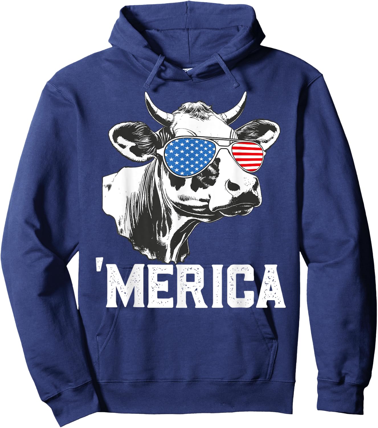 Merica Funny Cow American Flag Sunglasses Patriotic July 4th Hoodie - Hoodie | Navy