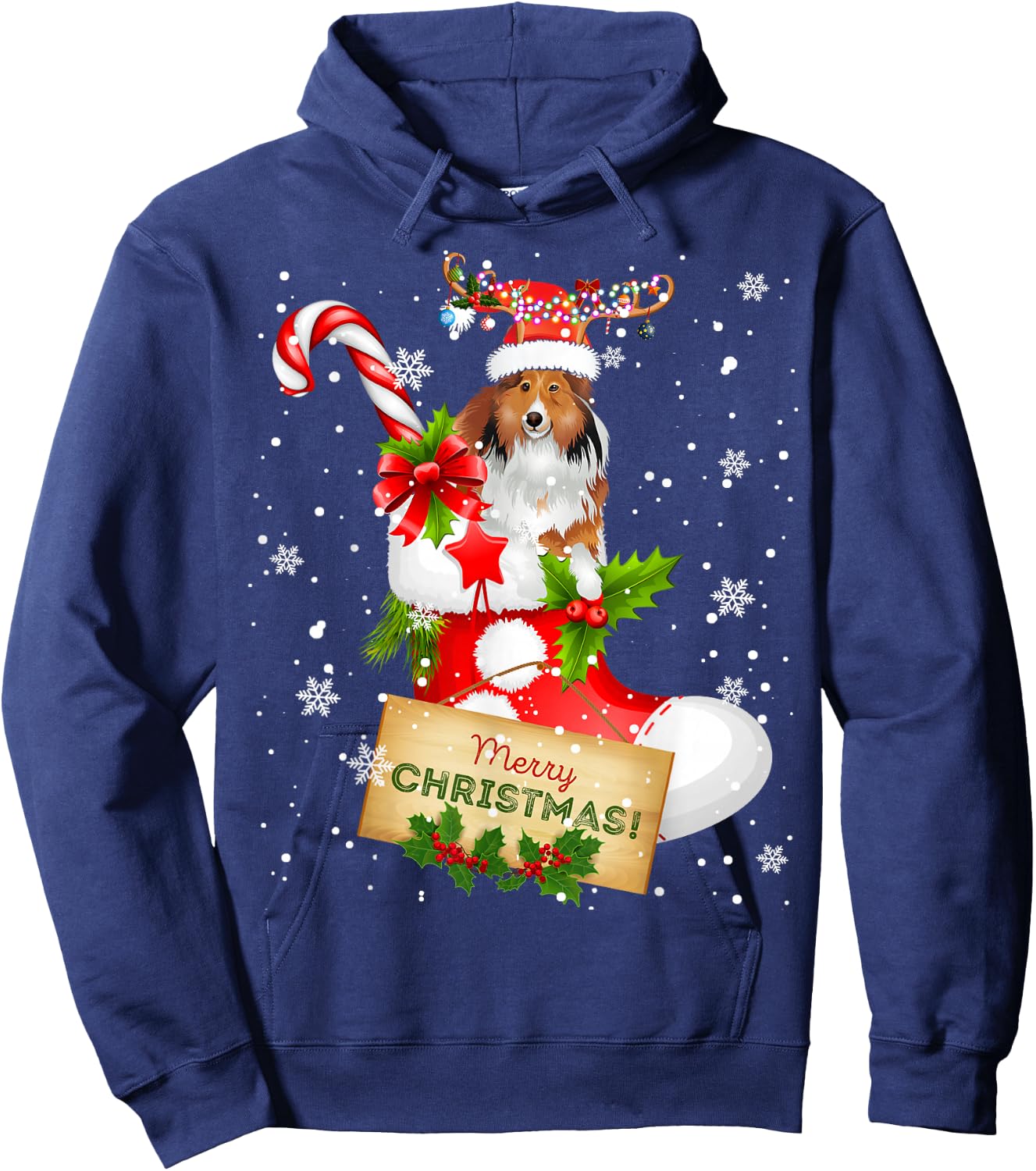 Merry Christmas Xmas Lights Santa Reindeer Sheltie In Sock Hoodie - Hoodie | Navy