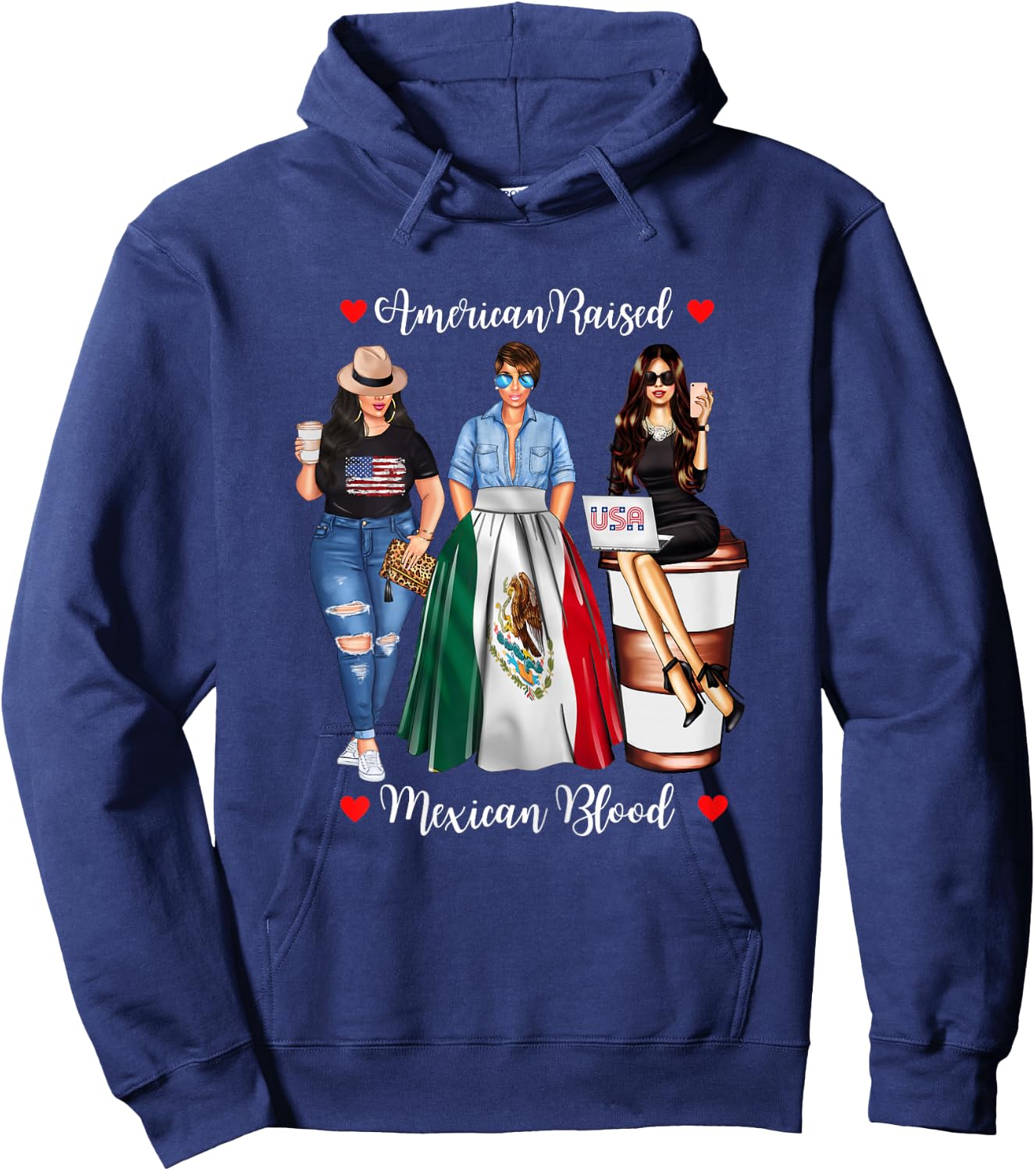 American Raised Mexican Blood USA Flag Patriotic Mexico Flag Hoodie - Hoodie | Navy