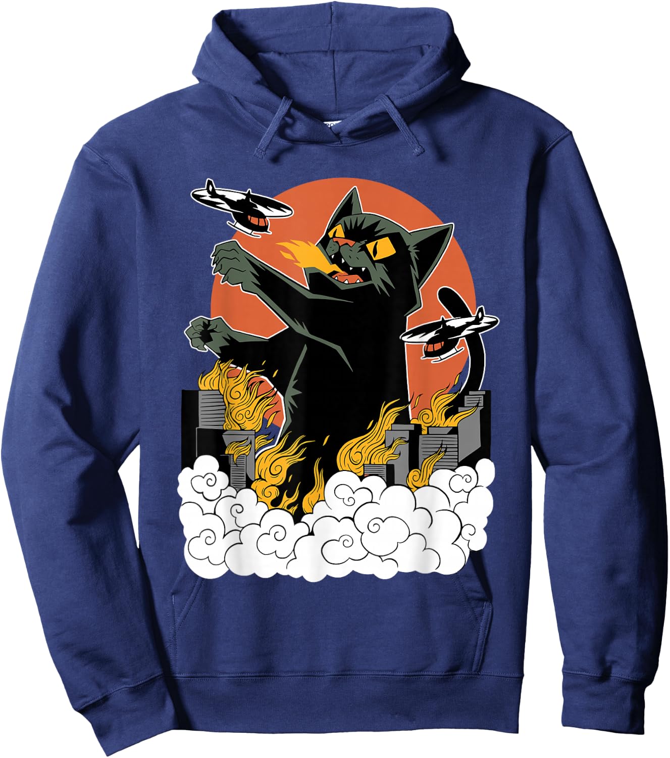Black Japanese Catzilla Sunset - Classic Fit, , Cotton & Polyester Blend Hoodie - Hoodie | Navy