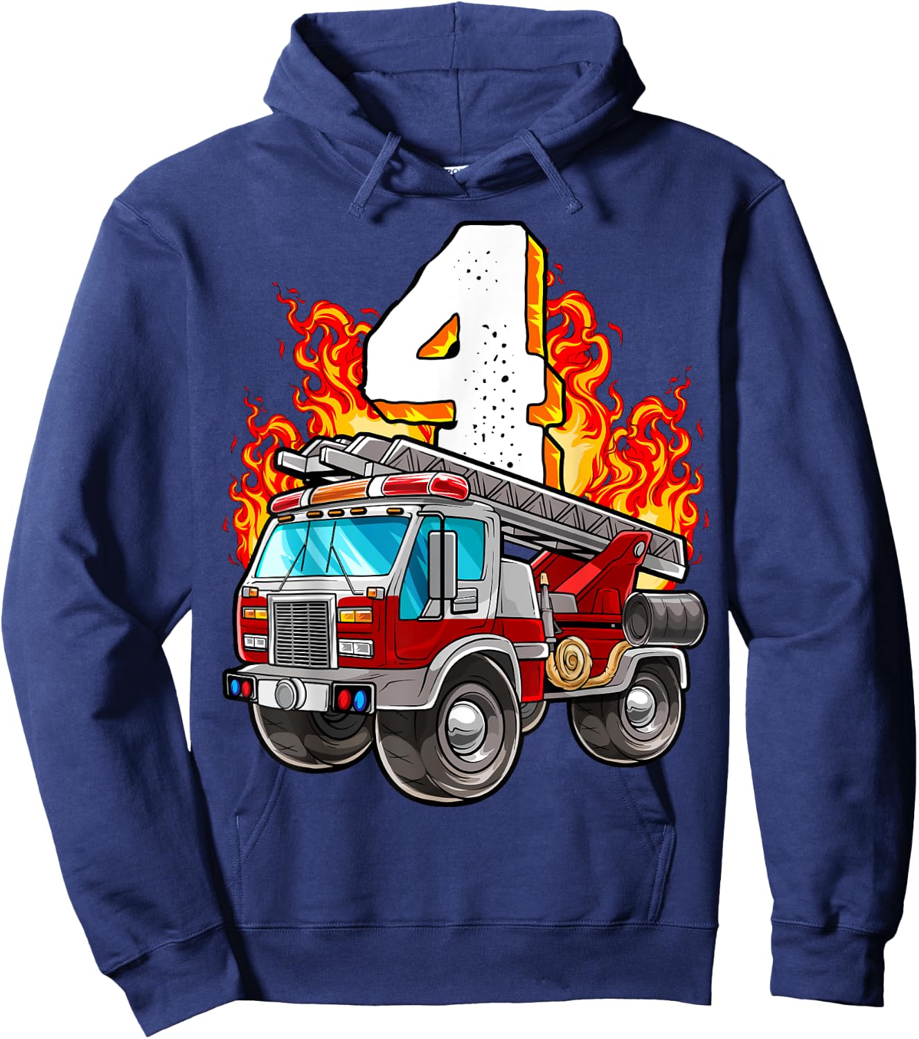 Firefighter 4th Birthday Fireman and Firetruck Birthday Boys Hoodie - Hoodie | Navy