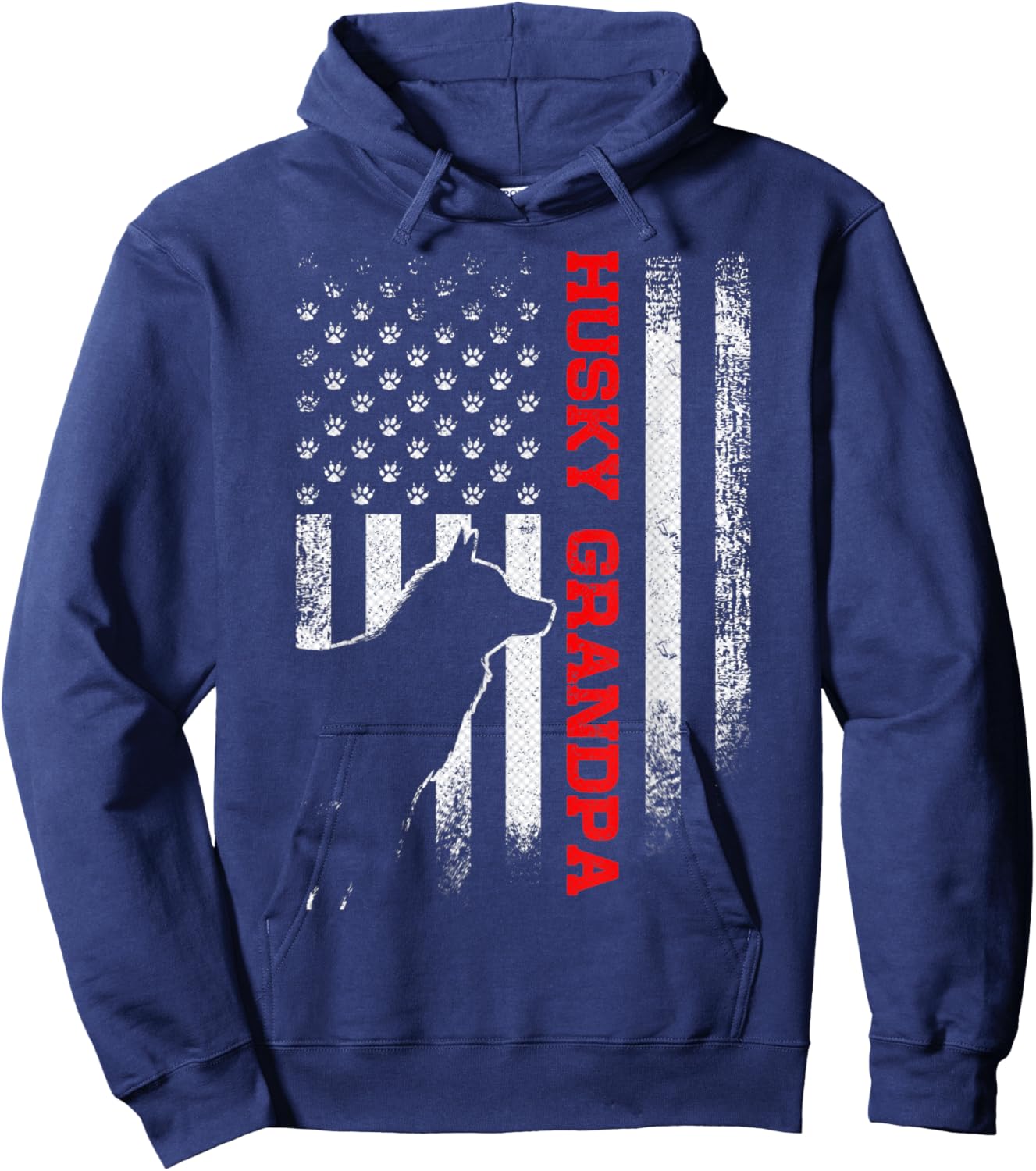 Vintage USA American Flag Siberian Husky Grandpa Silhouette Hoodie - Hoodie | Navy