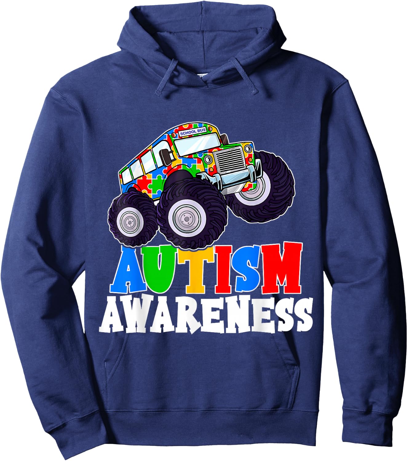 Monster Truck School Bus Puzzle Piece Autism Awareness Gifts Hoodie - Hoodie | Navy
