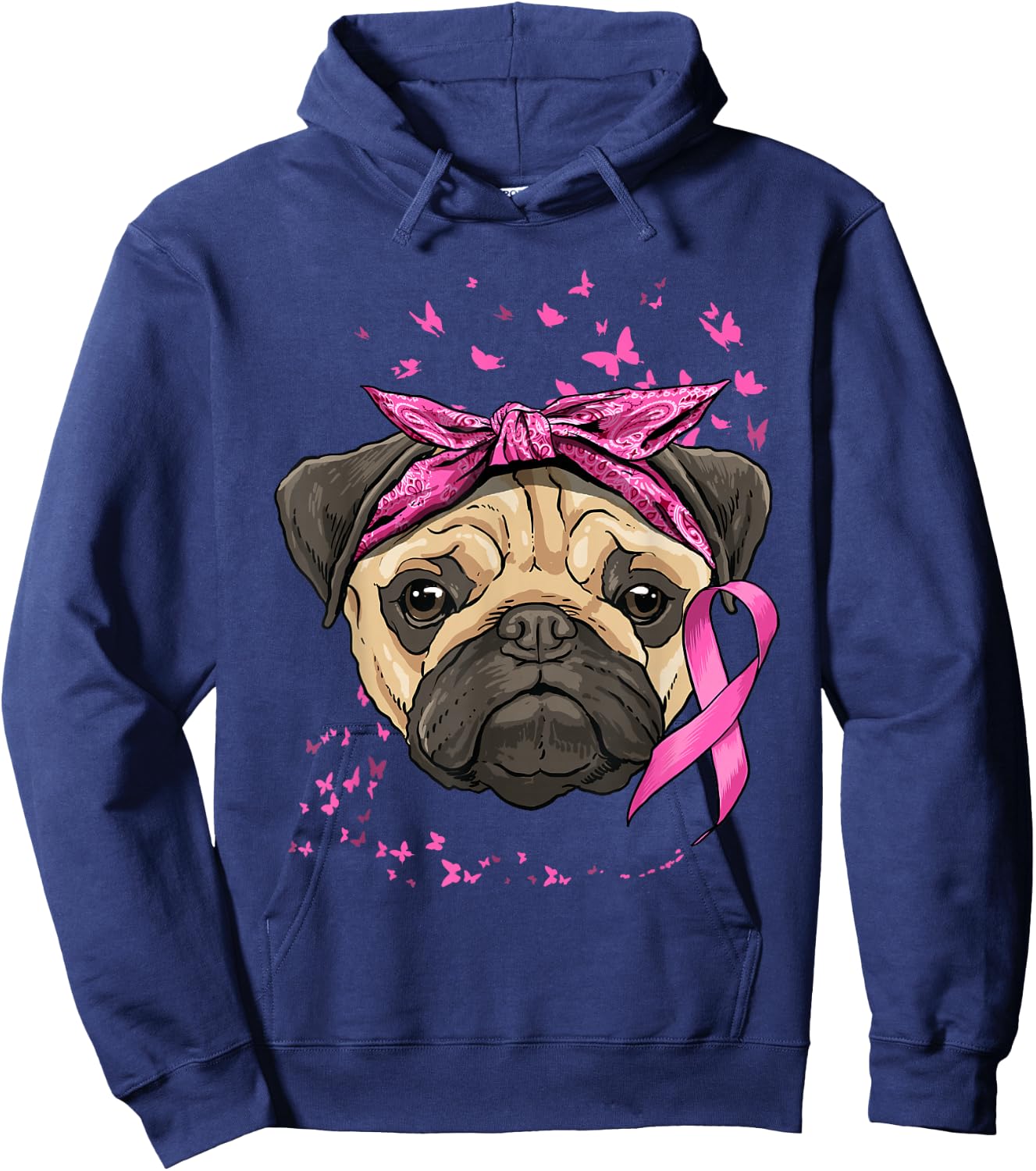 Breast Cancer Awareness Pug Dog Pink Ribbon Cancer Survivor Hoodie - Hoodie | Navy