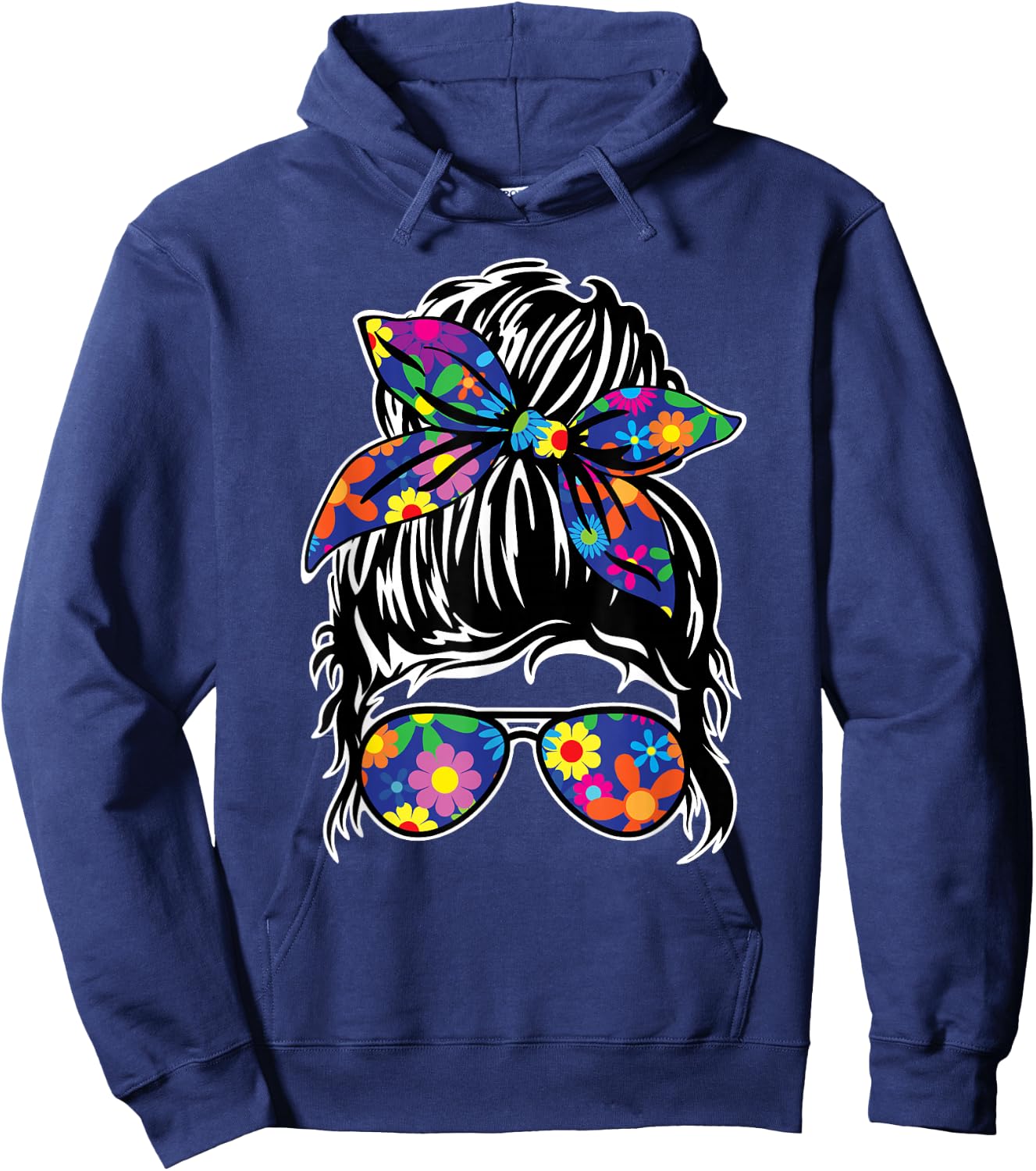 Messy Hair Bun with Bandana Ribbon and Sunglasses Design Hoodie - Hoodie | Navy
