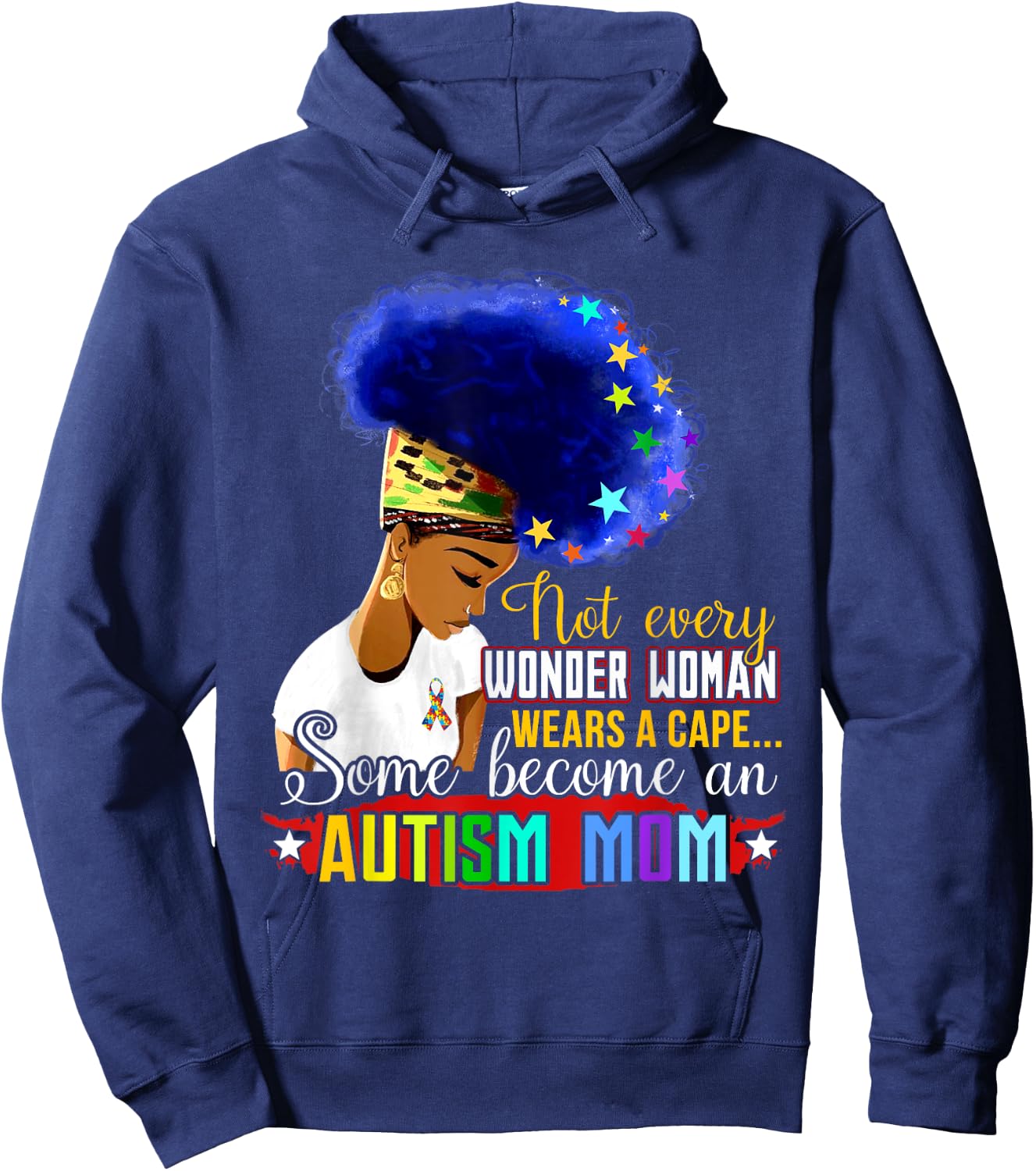 Black Afro American Autism Awareness Mom Rainbow Sparkle Hoodie - Hoodie | Navy
