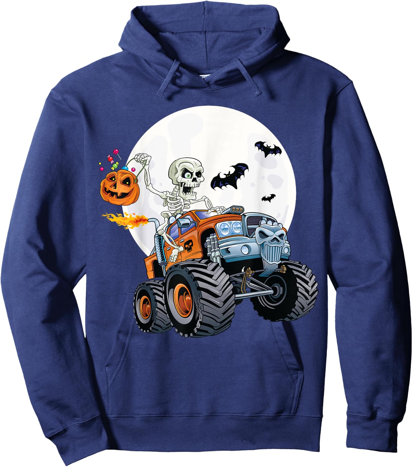 Skeleton Monster Truck Creepy Halloween Jack O Lantern Kids Hoodie - Hoodie | Navy