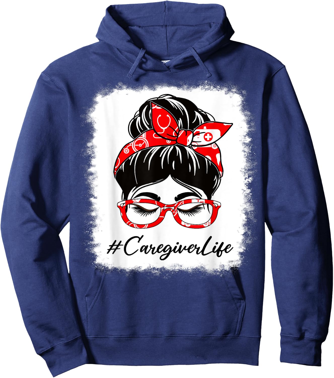 Caregiver Bleached Messy Bun Appreciation Day For Work Hoodie - Hoodie | Navy