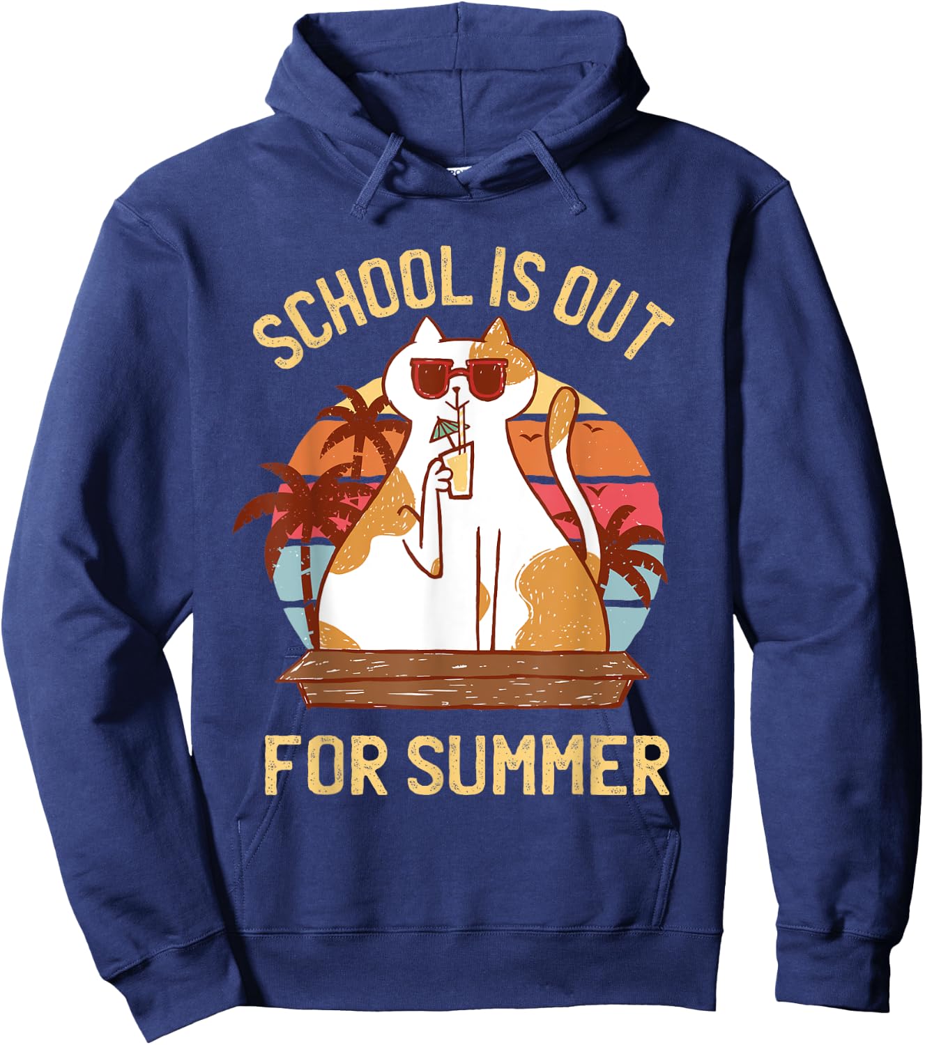 Last Day of School Shirt for Teachers - Retro Summer Cat Hoodie - Hoodie | Navy