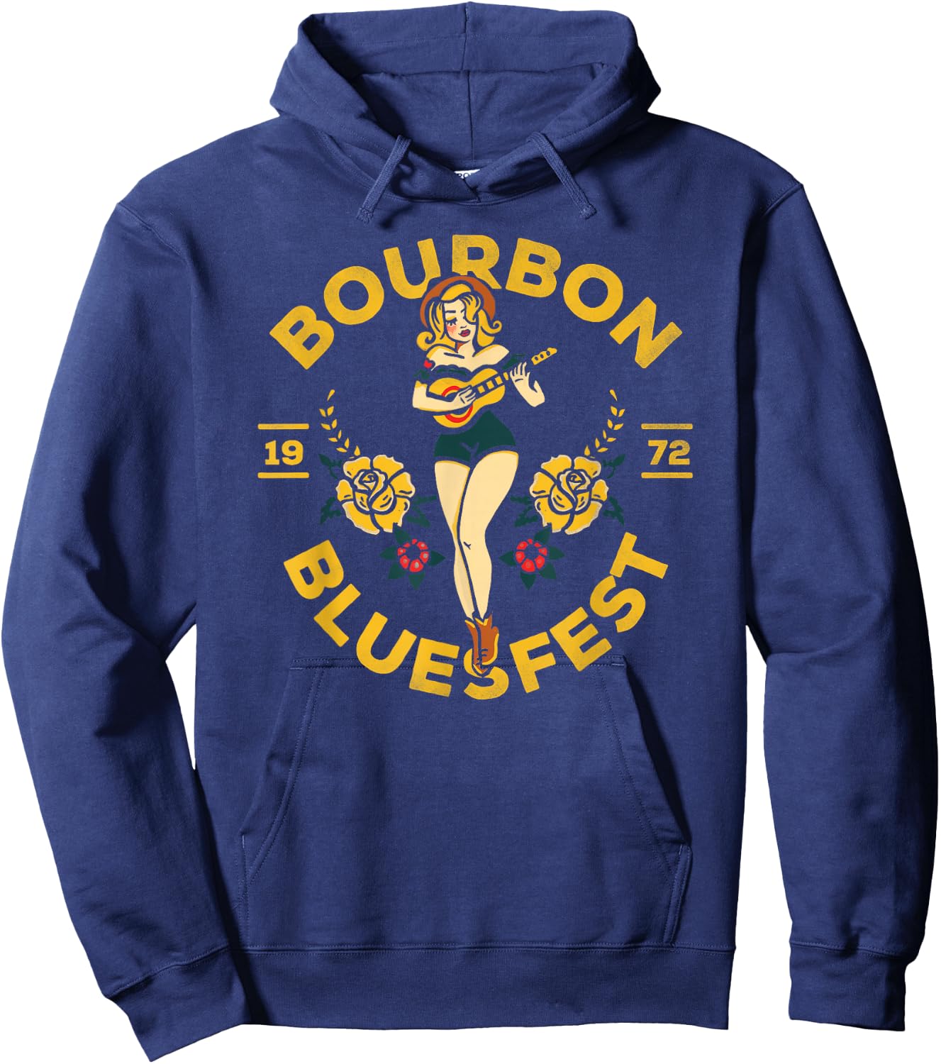 Bourbon Bluesfest 1972: Vintage Pinup Girl Playing Guitar Hoodie - Hoodie | Navy