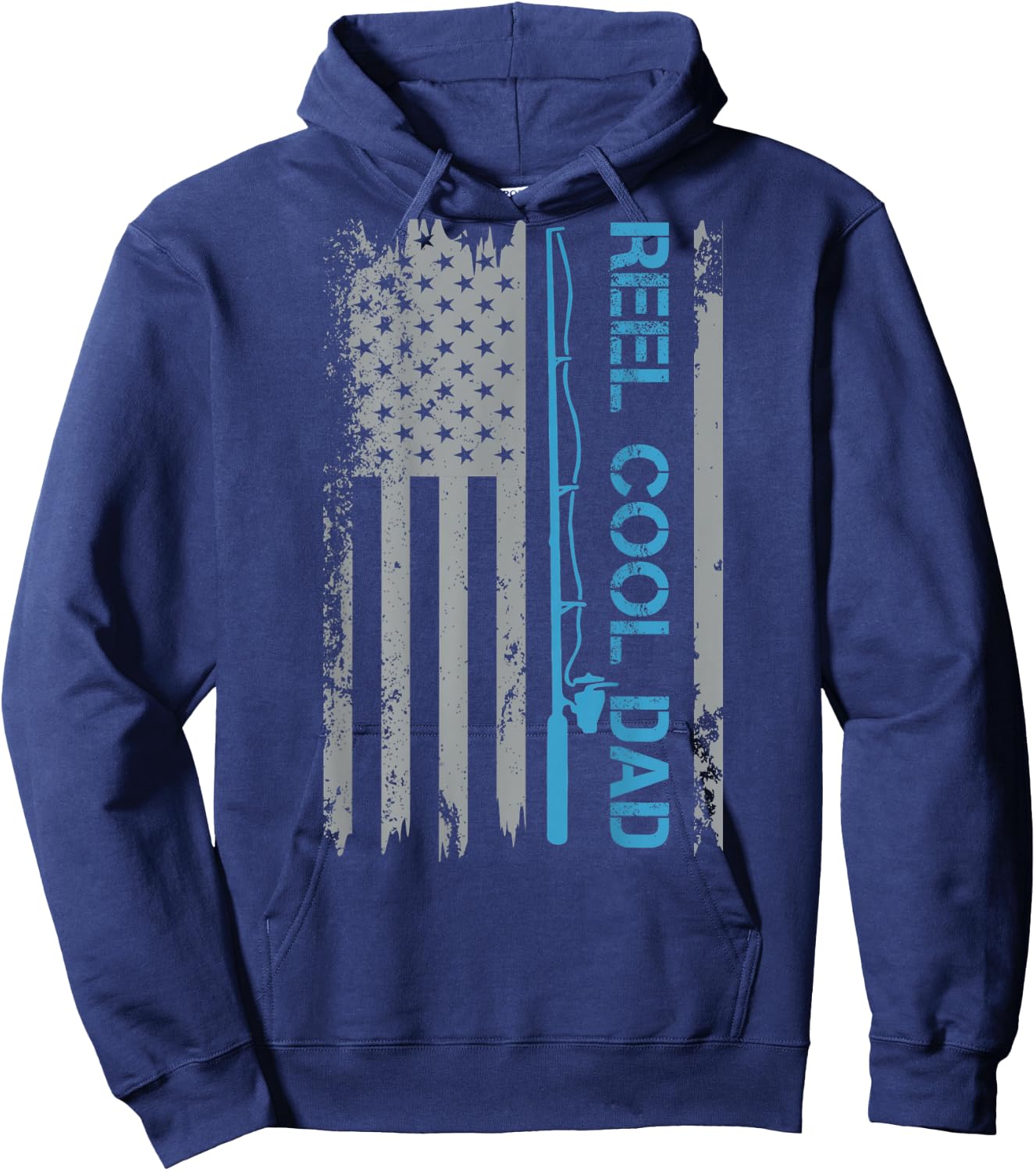 Reel Cool Dad Fishing USA Flag Patriotic 4th of July On Back Hoodie - Hoodie | Navy