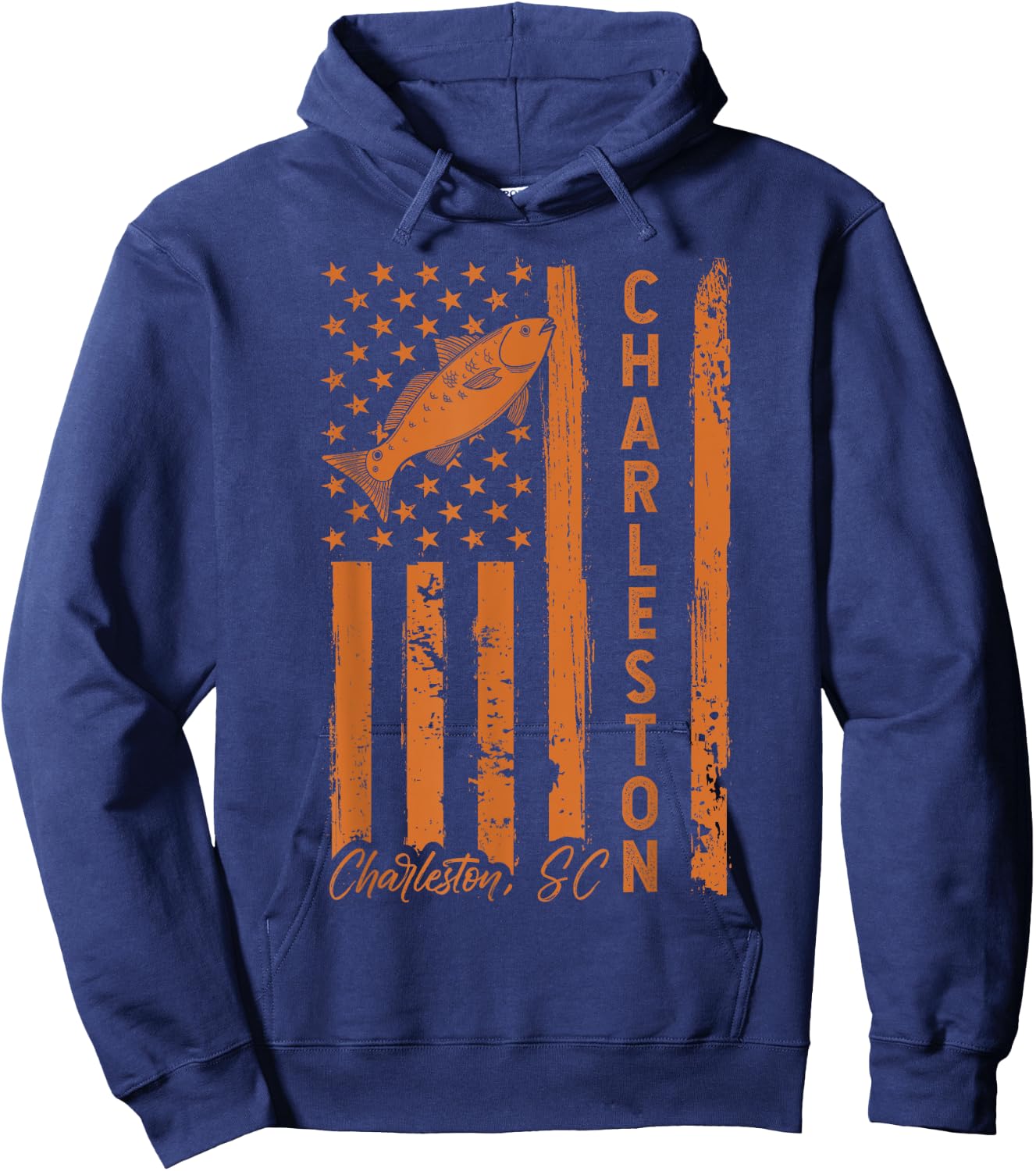 Charleston SC for Redfish Fishing Fishermen USA Flag Hoodie - Hoodie | Navy