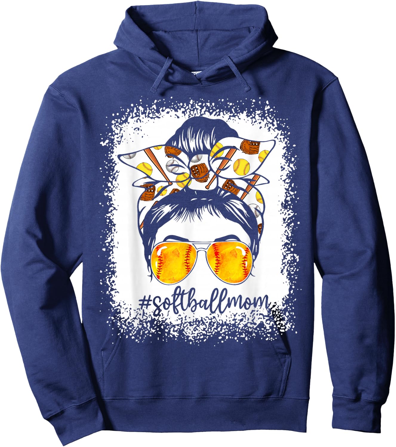Women Bleached Softball Mom Messy Bun Softball Lover Hoodie - Hoodie | Navy