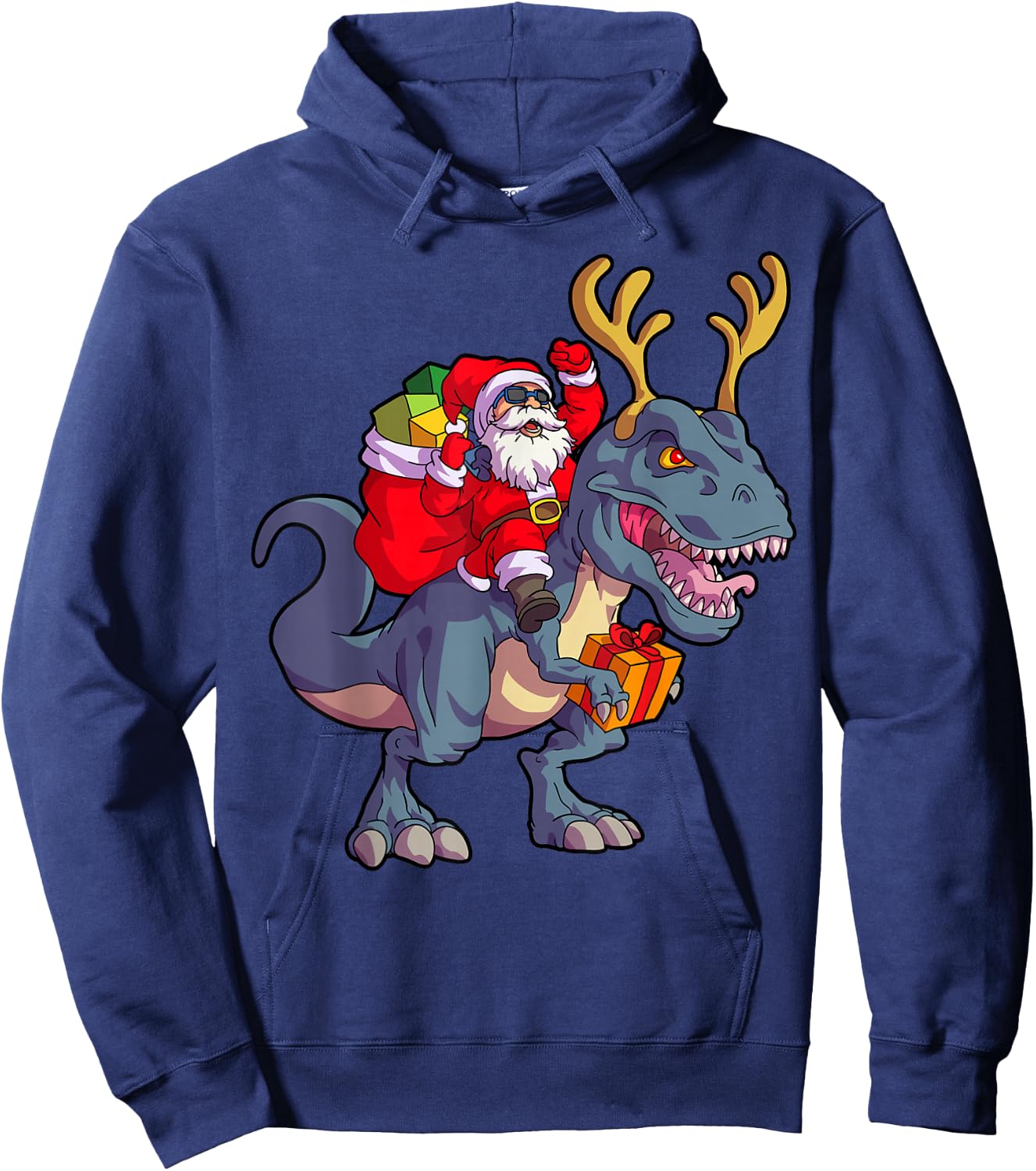 Christmas Santa Riding Dinosaur Deer Xmas Kids Boys Men Short Sleeve Hoodie - Hoodie | Navy