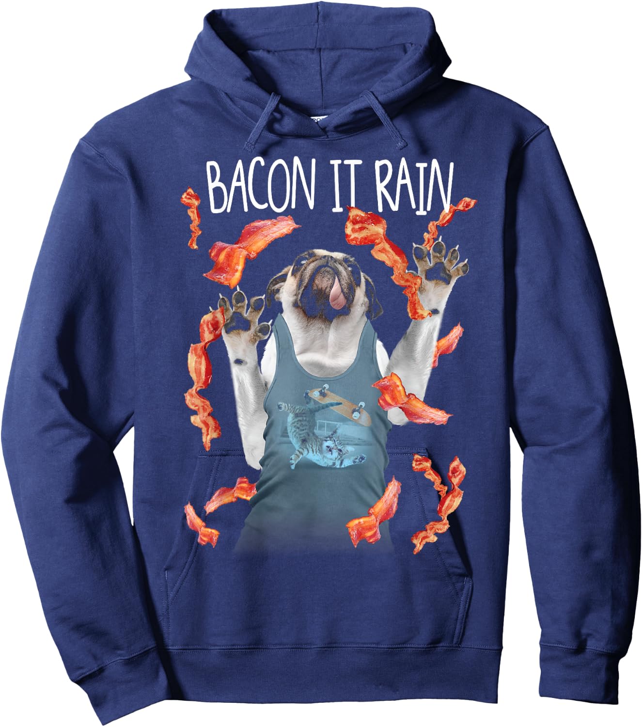 Bacon It Rain Pug Funny Graphic Hoodie - Hoodie | Navy