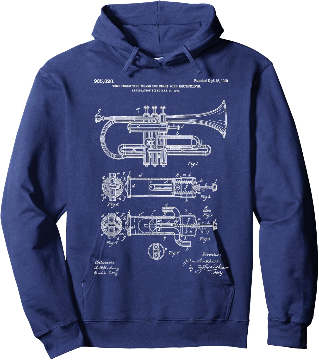 Trumpet Blueprint Vintage Patent Instrument Trumpet Player Hoodie - Hoodie | Navy