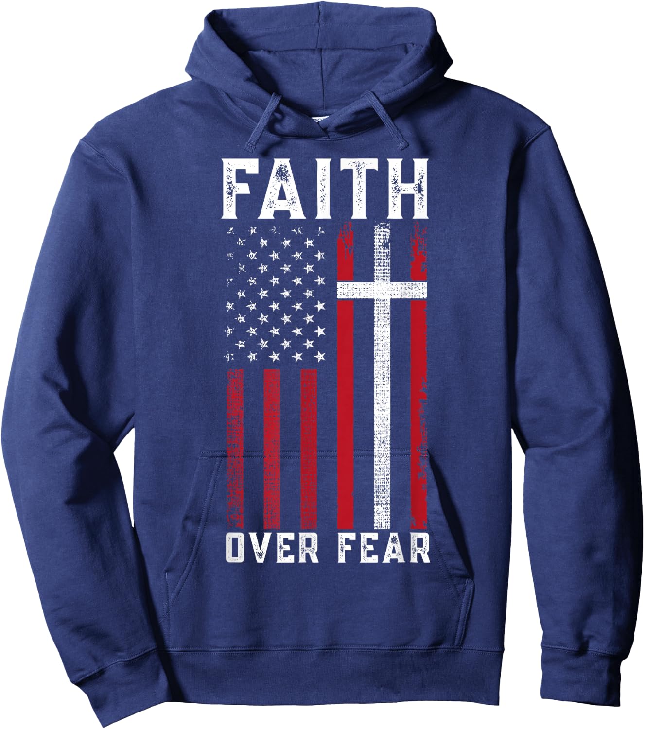 Inspirational Faith Over Fear USA Flag Christian Cross Jesus Hoodie - Hoodie | Navy