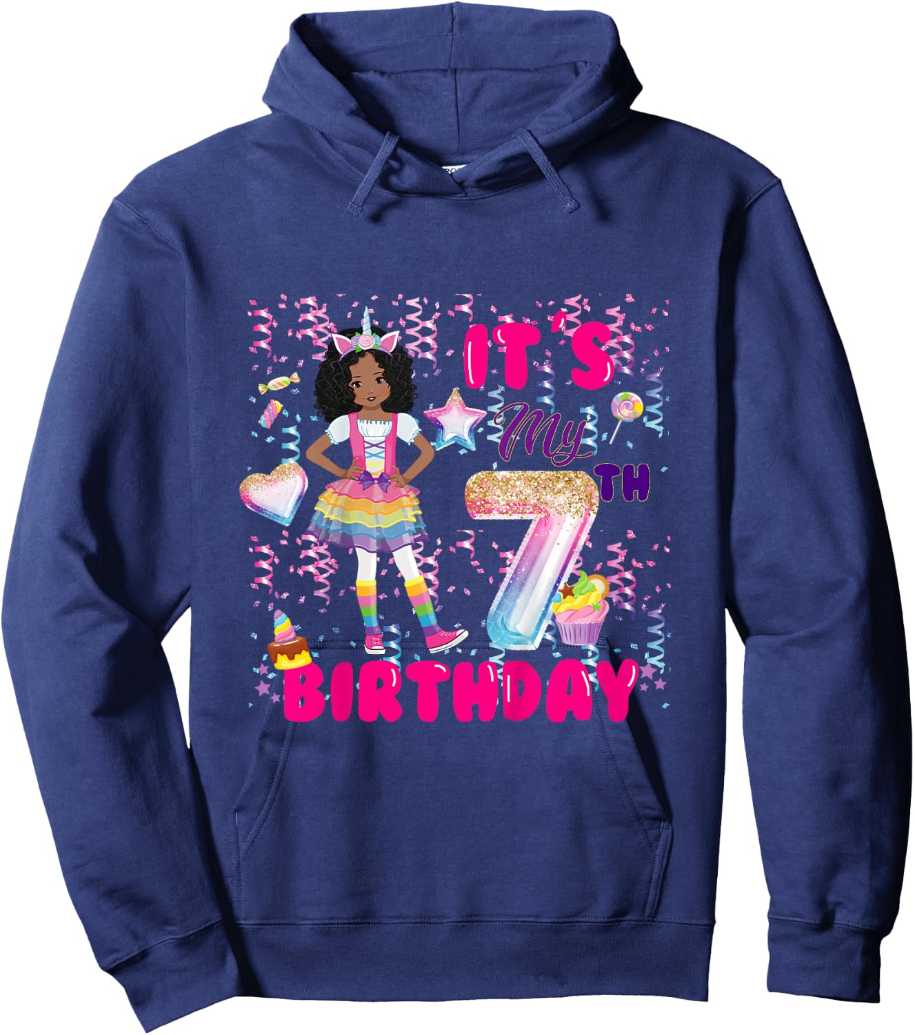 7th Birthday shirt Girls 7 yr African American 7th B-day Hoodie - Hoodie | Navy