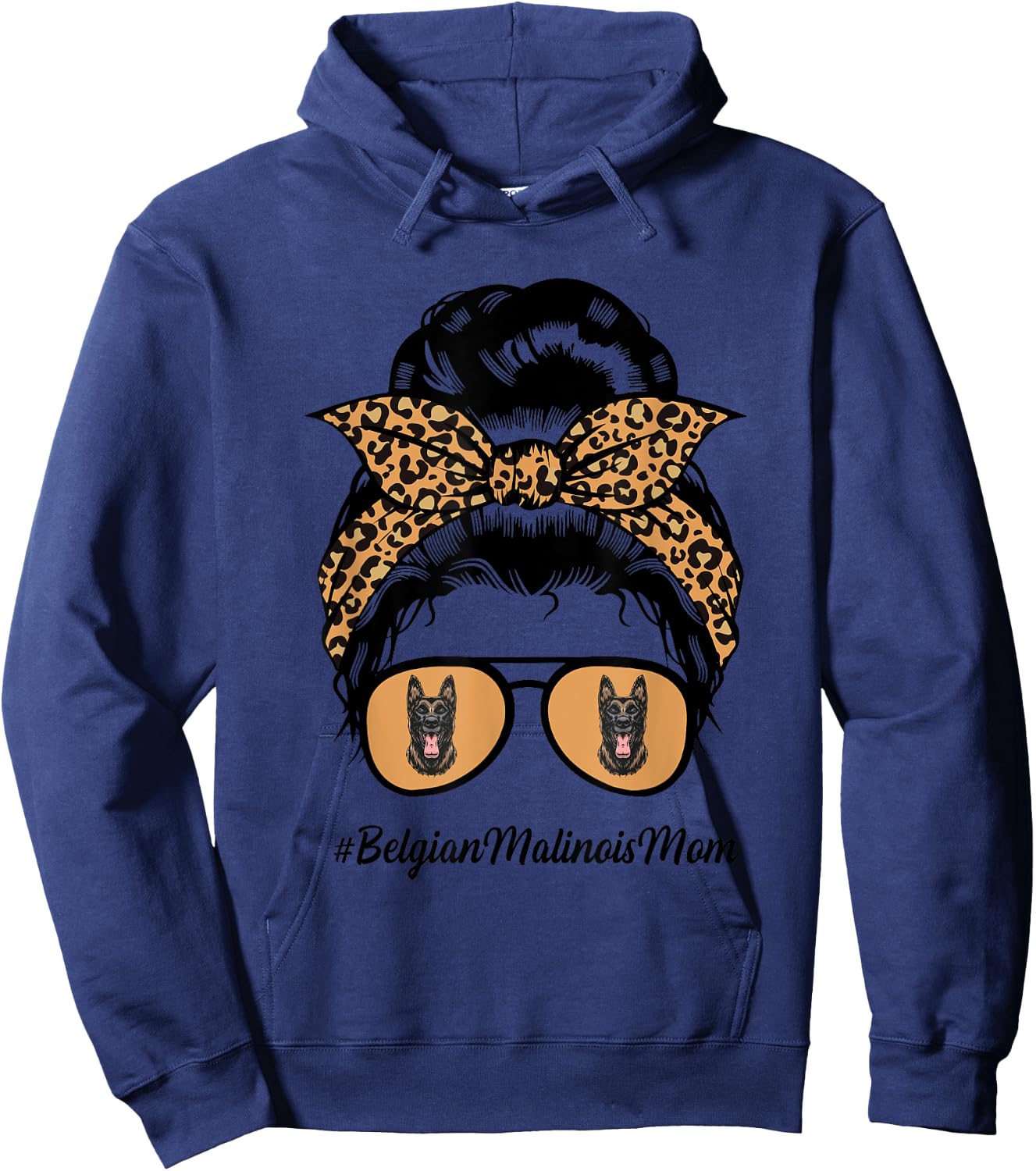 Belgian Malinois Dog Mom Messy Hair Bun Leopard Dog Lover Hoodie - Hoodie | Navy