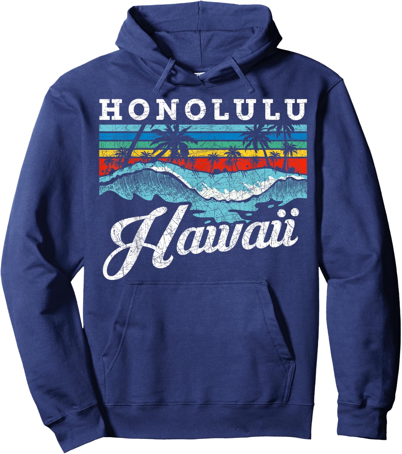 Waves Beach Honolulu Hawaiian Summer Surfing Retro Hawaii Hoodie - Hoodie | Navy