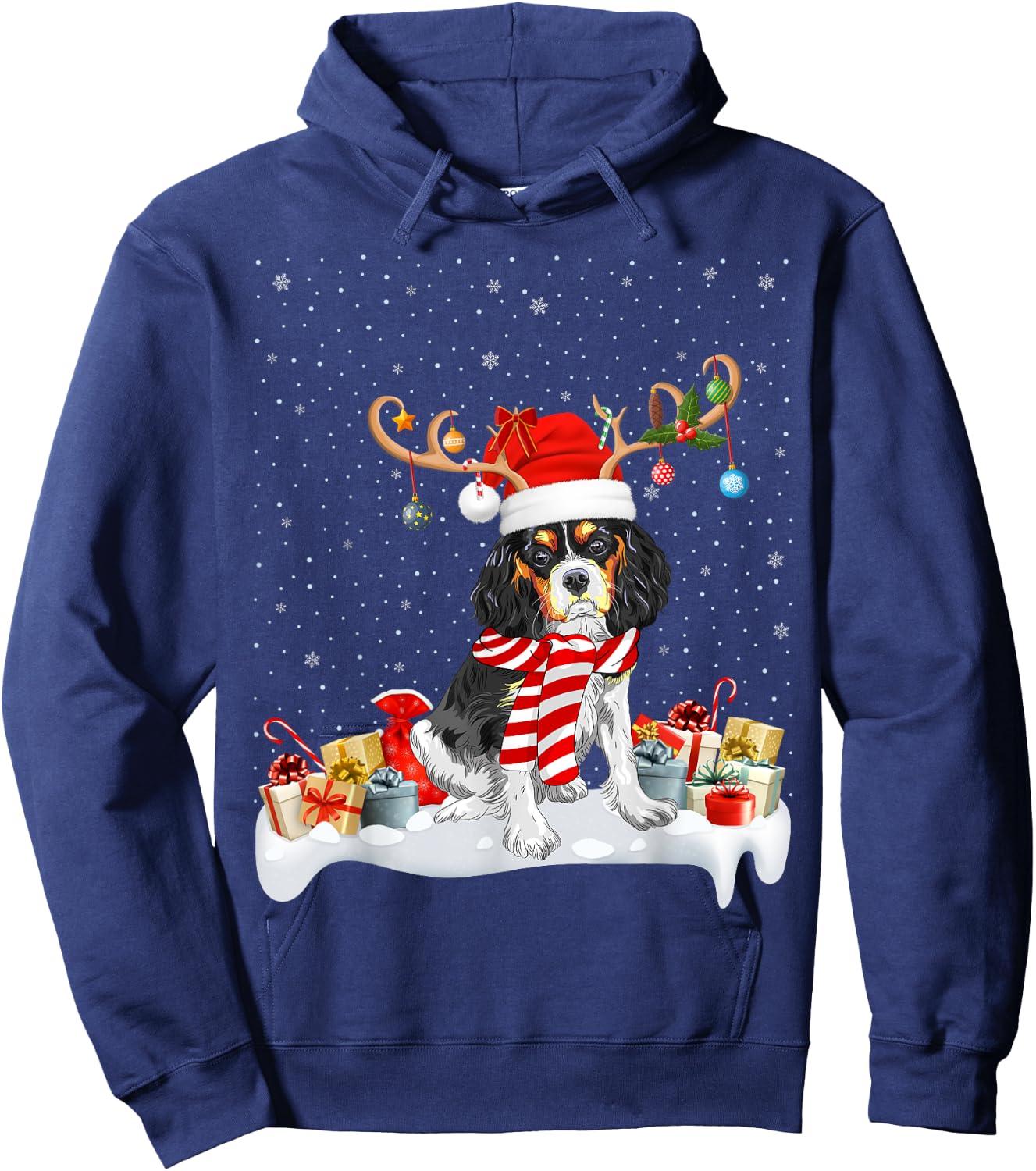 Reindeer Santa Hat Cavalier King Charles Spaniel Christmas Hoodie - Hoodie | Navy
