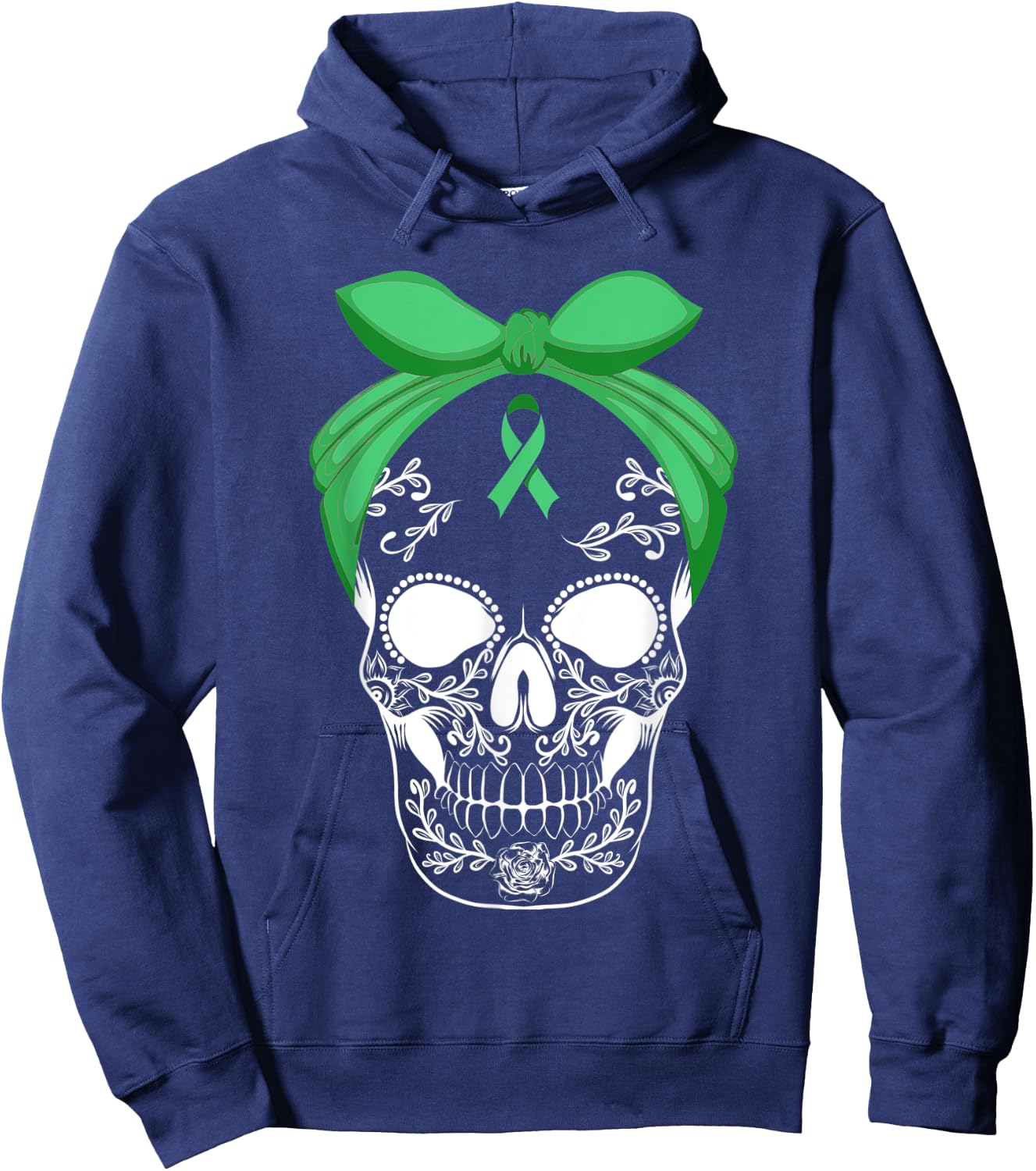 Sugar Skull Green Ribbon Apparel Skeleton Liver Cancer Fight Hoodie - Hoodie | Navy