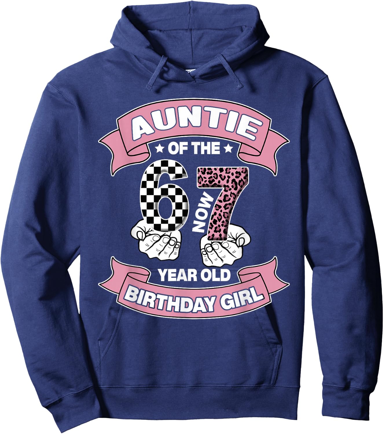 Auntie 67 Birthday 7 Years Old Ribbon Leopard Family Hoodie - Hoodie | Navy