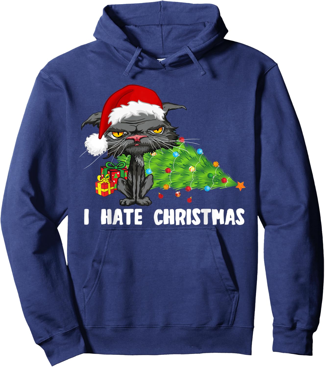 Anti Christmas I Hate Christmas Tree Bored Cat Santa Hat Women Kids Hoodie - Hoodie | Navy
