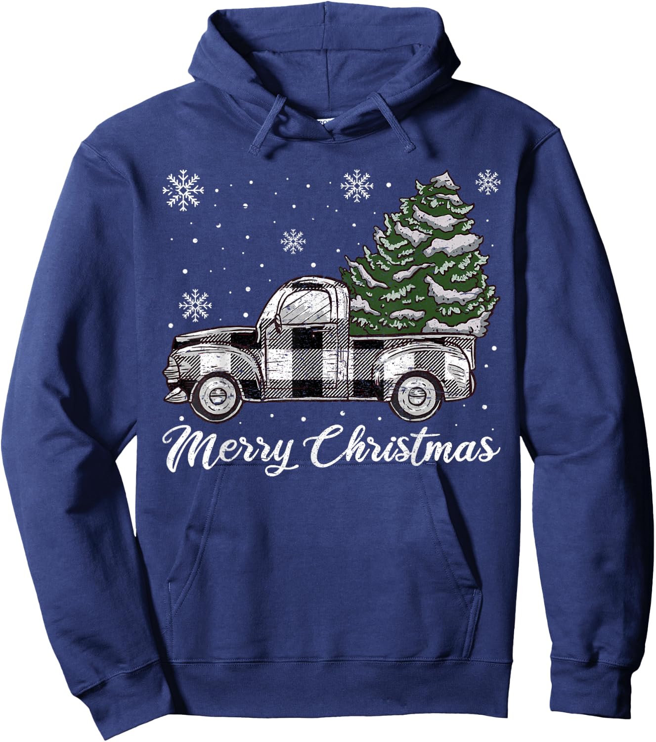 Merry Christmas Tree White Truck Pajama, Plaid Truck Tree Hoodie - Hoodie | Navy