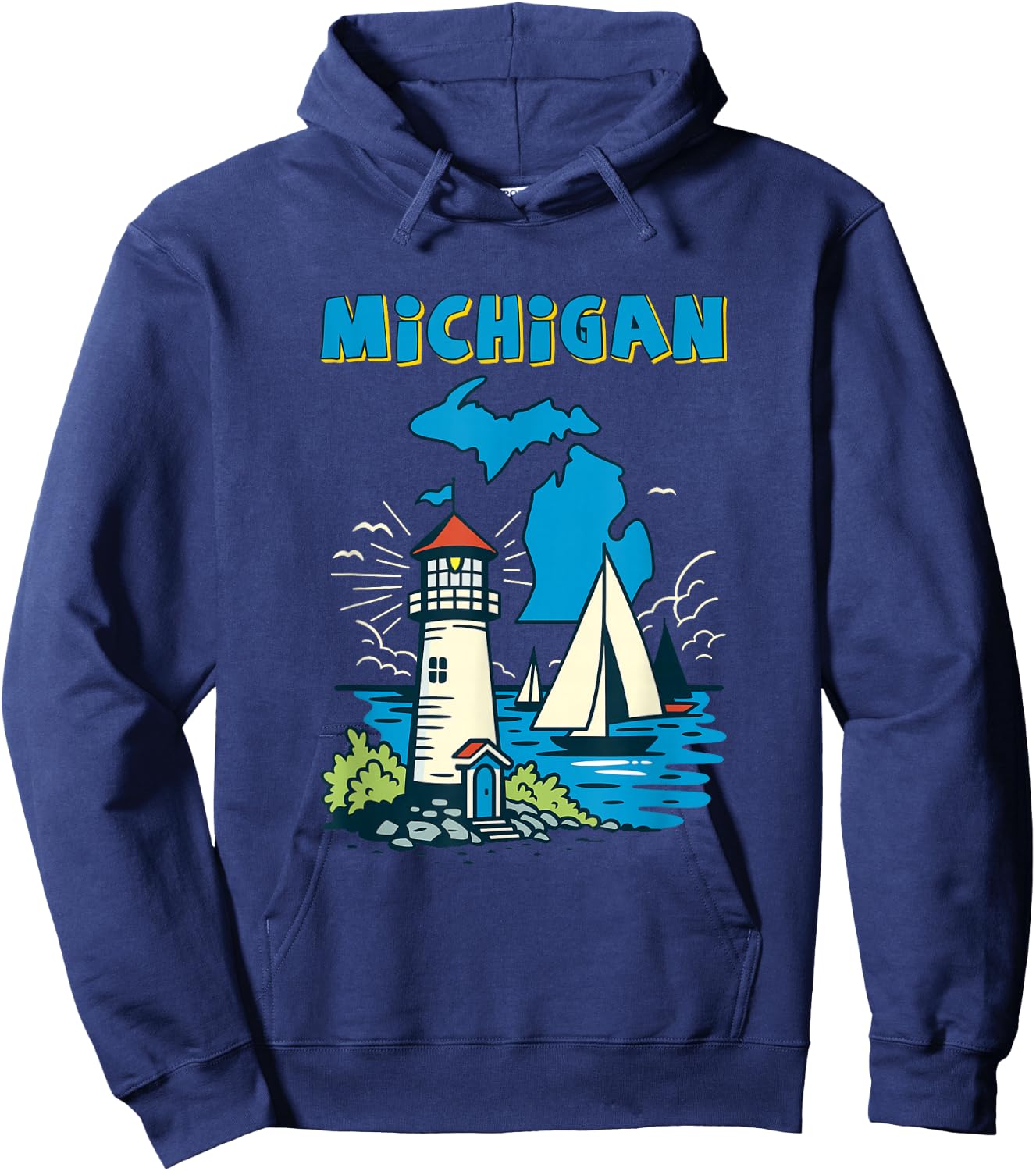 Retro Sailboat and Lighthouse in Michigan Great Lakes Hoodie - Hoodie | Navy