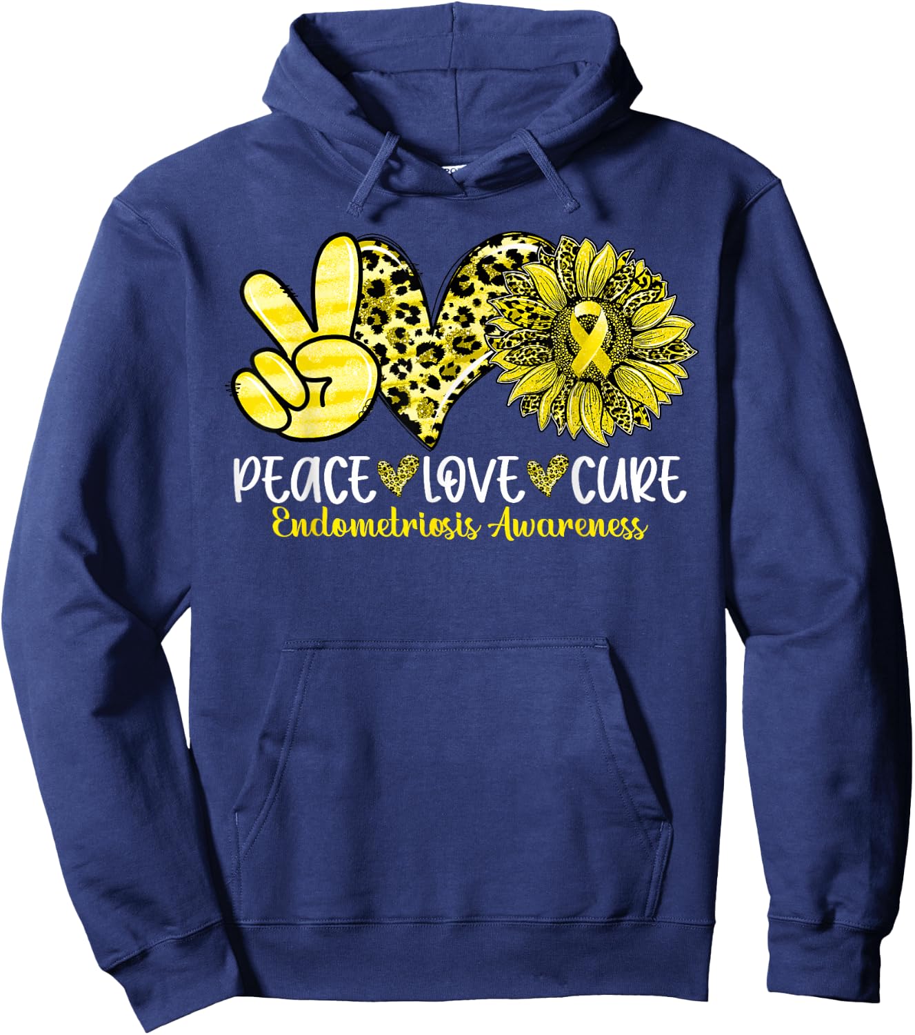 Peace Love Cure Sunflower Leopard Endometriosis Awareness Hoodie - Hoodie | Navy