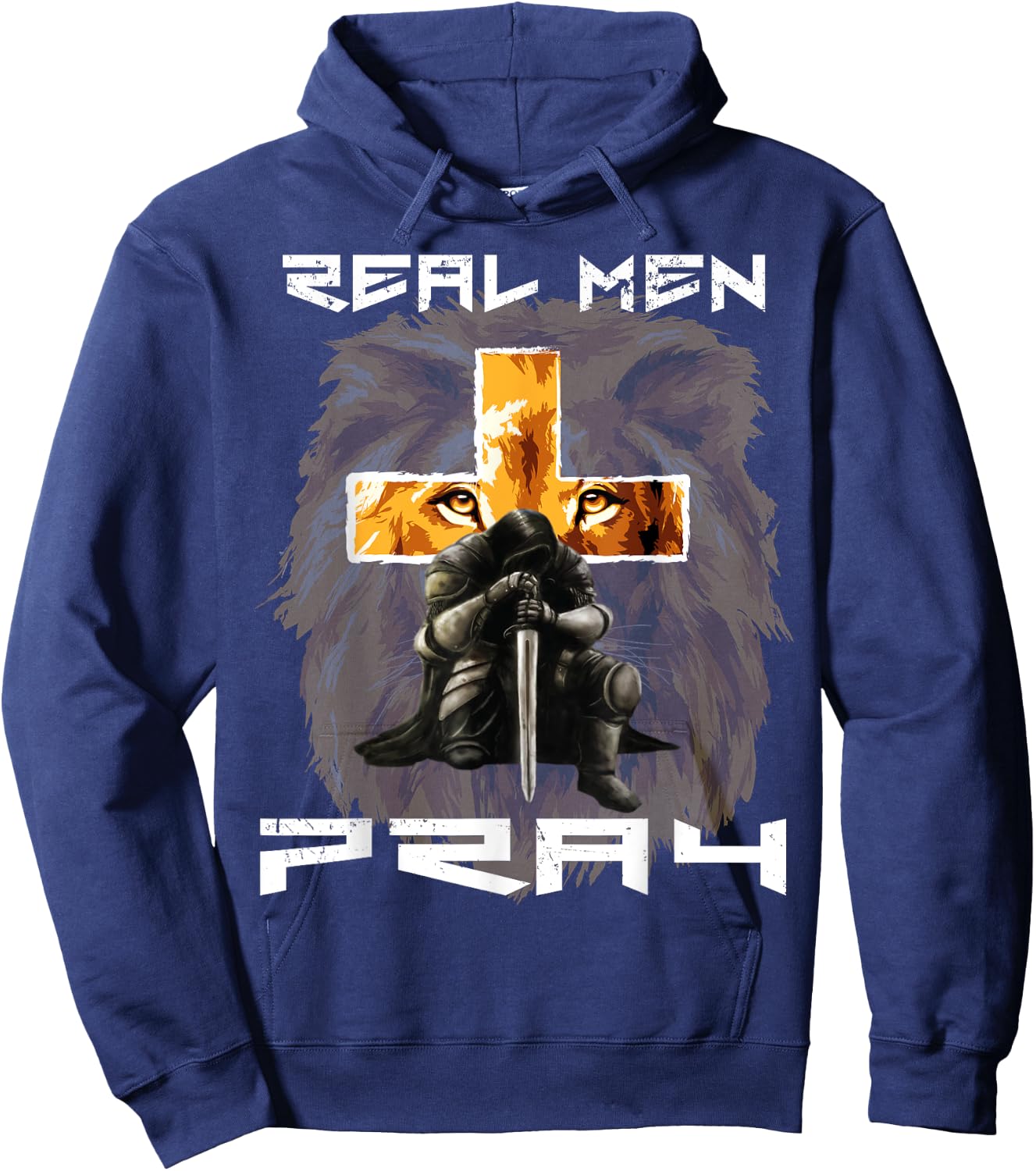 Real Men Pray Lion Judah Christian Religious Cross Graphic Hoodie - Hoodie | Navy