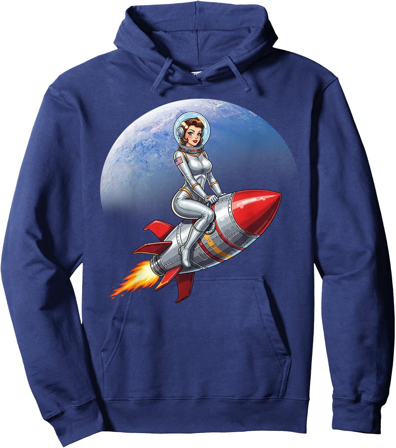 Retro Pinup Girl Astronaut Riding A Rocket in Space Hoodie - Hoodie | Navy