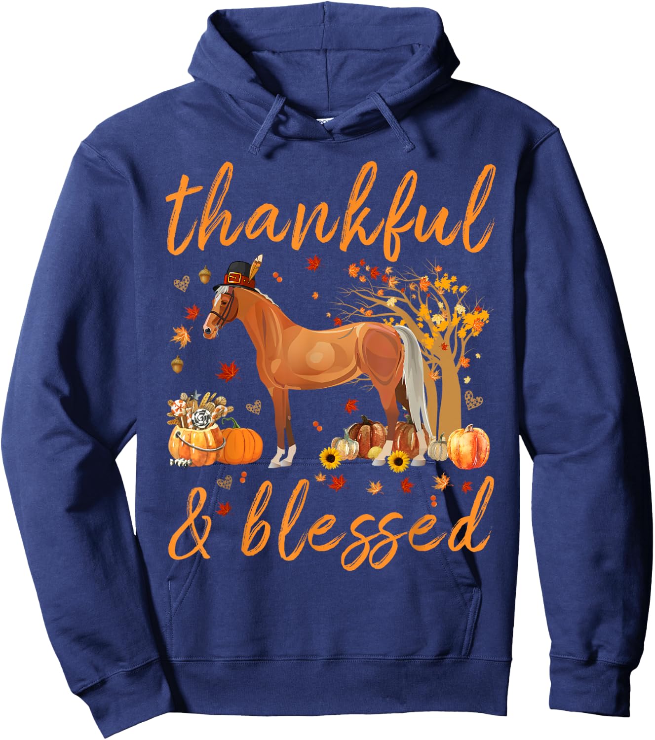 Thankful Grateful Blessed Horse Thanskgiving Matching Hoodie - Hoodie | Navy