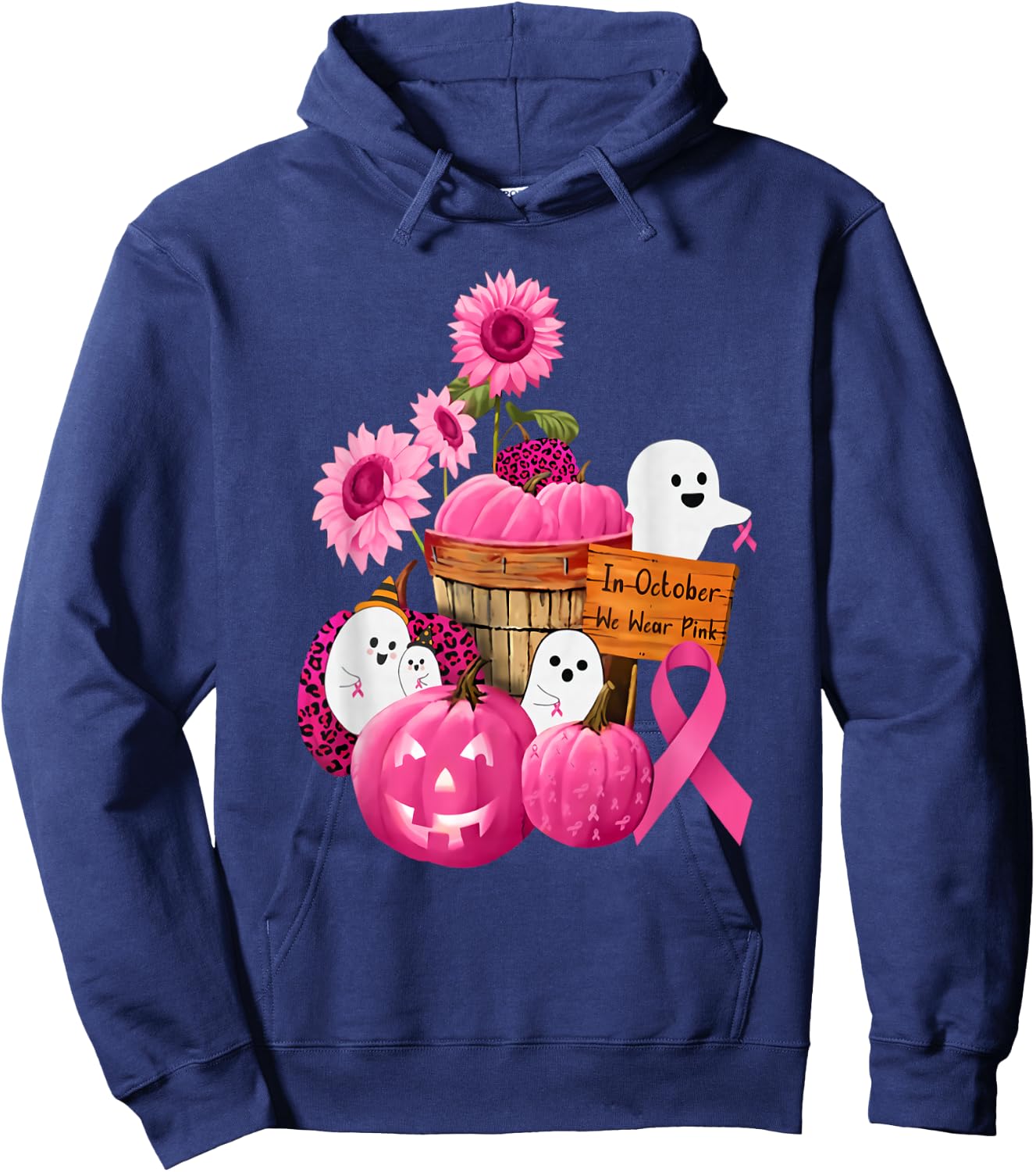 In October We Wear Pink Ghosts & Pumpkins For Breast Cancer Hoodie - Hoodie | Navy
