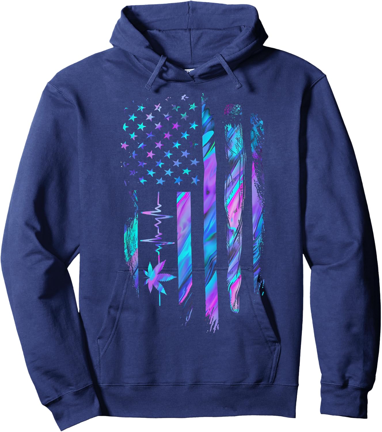 Marijuana Leaf Heartbeat US Flag Weed Cannabis 4th of July Hoodie - Hoodie | Navy