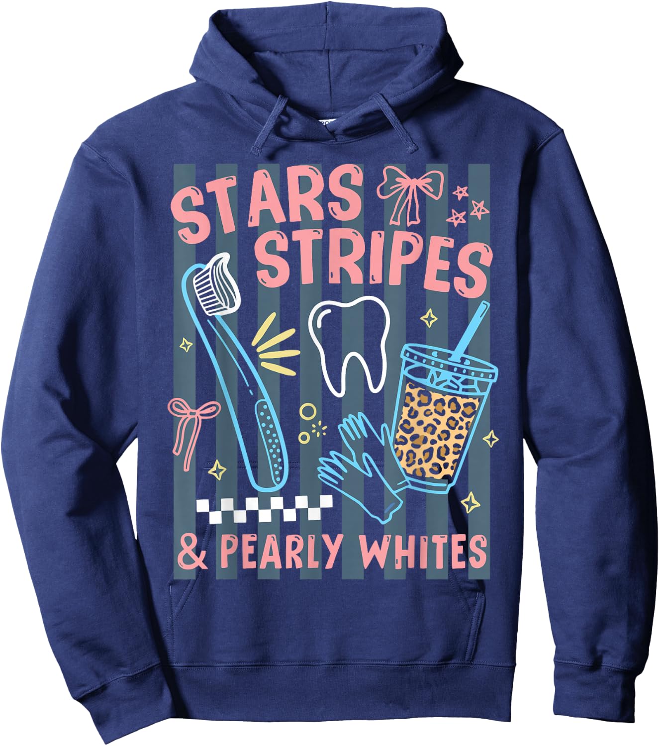 Stars Stripes Pearly Whites Dental Hygienist 4th July RDH Hoodie - Hoodie | Navy
