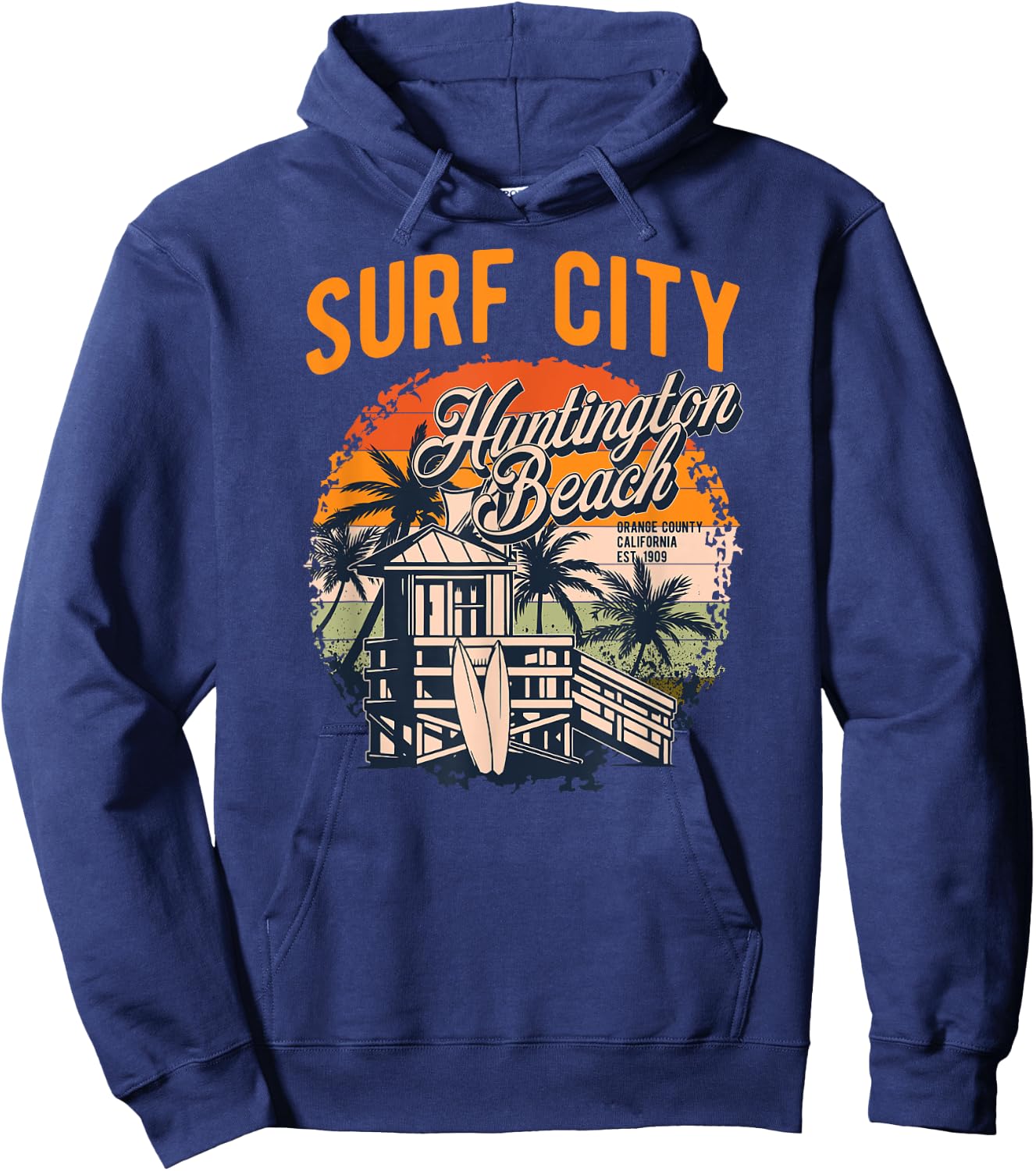 Vintage Huntington Beach Lifeguard Tower Surfing Style Men Women Hoodie - Hoodie | Navy