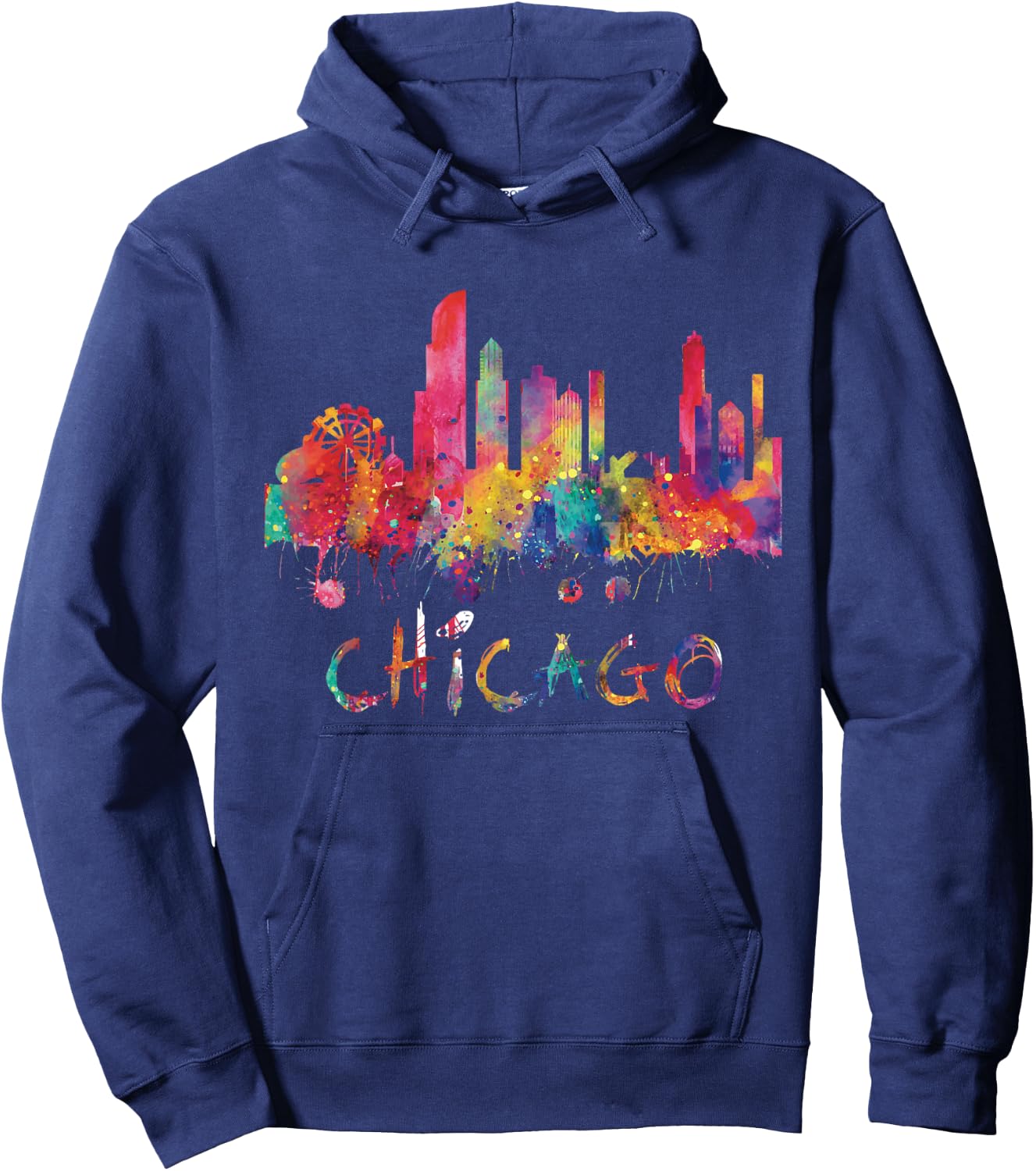 Chicago Skyline Cityscape Watercolor Chicago Flag Illinois Hoodie - Hoodie | Navy
